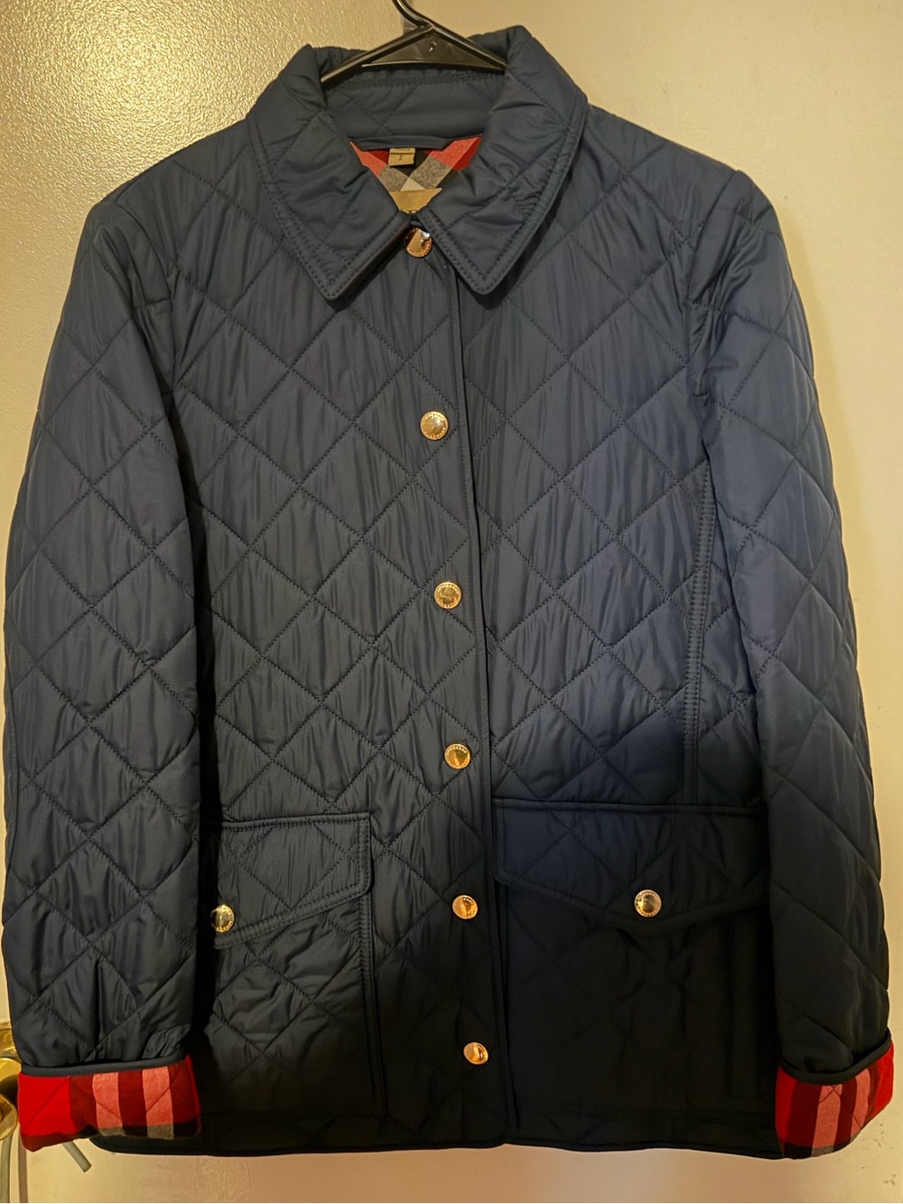Burberry Navy Quilted Jacket with Red Check Lining